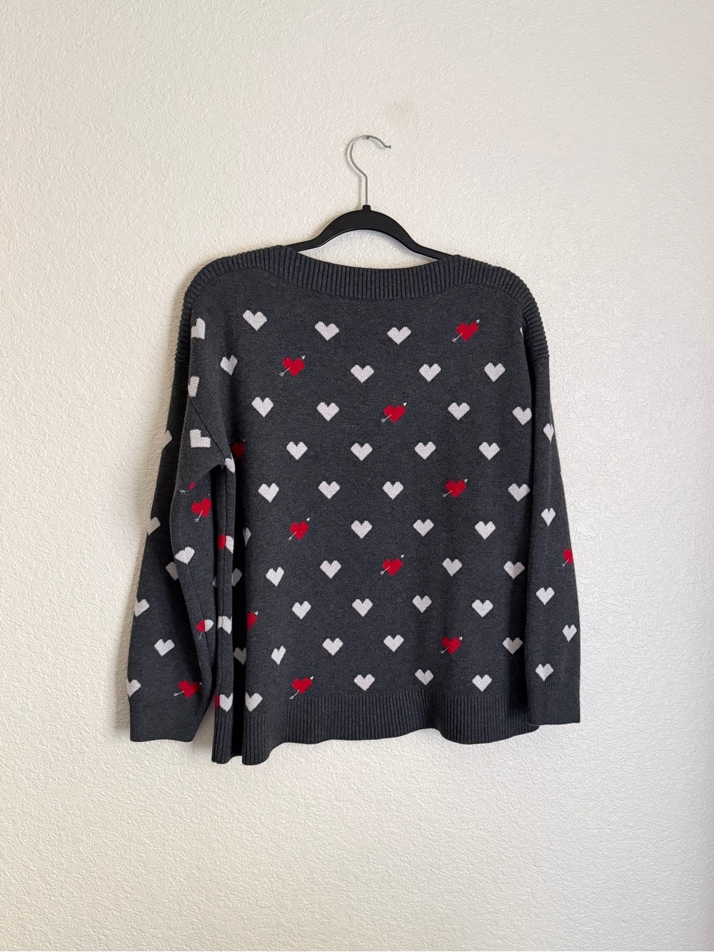 Ann Taylor Heart Print Charcoal Grey Boatneck Sweater L - Picture 3 of 9